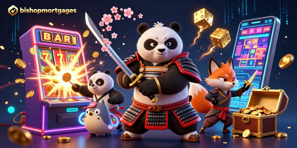 Engage in thrilling gameplay with bishopmortgages, featuring a dynamic samurai panda and ninja fox amidst casino elements.