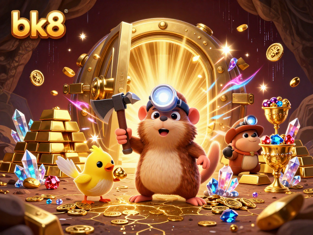 Engage in vibrant bk8 gaming adventure with a treasure hunter mole in a dazzling casino illustration.