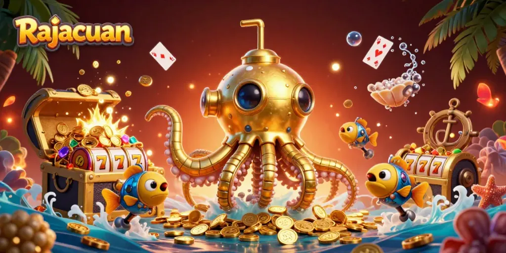 Rajacuan's dynamic slot scene with a golden kraken and rich casino elements.