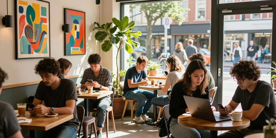 Person discreetly viewing NSFW content in a vibrant coffee shop environment.