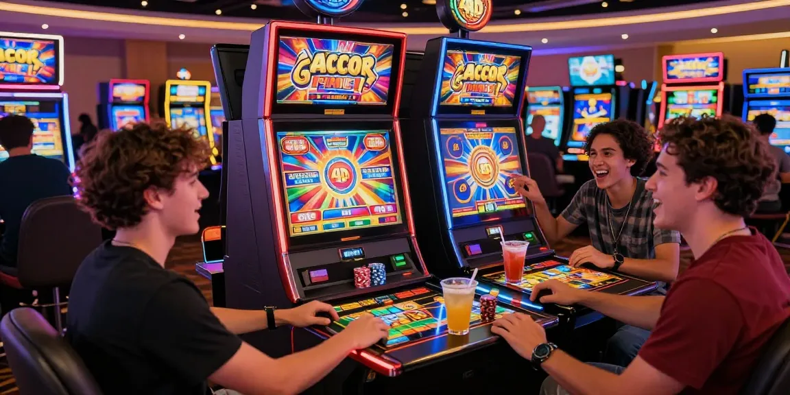 Exciting casino atmosphere featuring friends playing slot gacor 4d with vibrant slot machines.