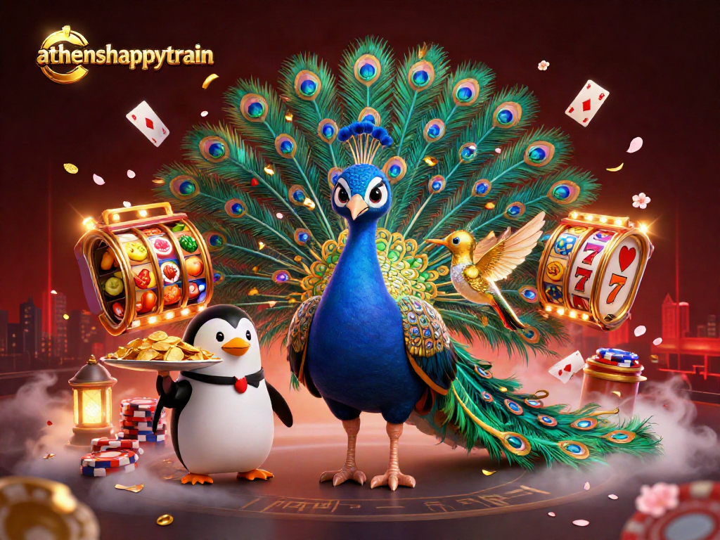 Experience thrilling wins with athenshappytrain's captivating casino scene featuring vibrant poker chips and slot reels.