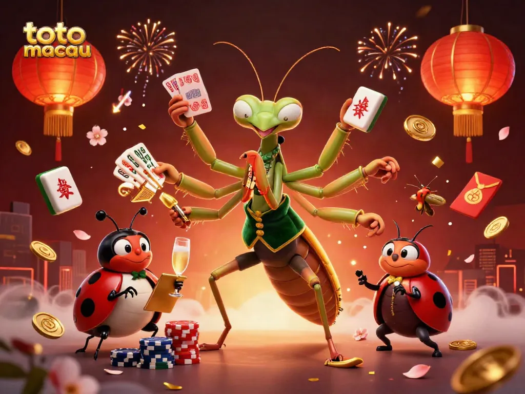 Permainan toto macau dengan karakter unik dan elemen menarik dalam suasana kasino yang meriah.