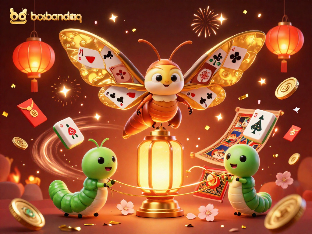 Engage with bosbandarq's vibrant casino world featuring a majestic moth and lively gaming elements.
