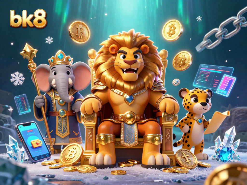Experience the thrill of bk8 gaming with vibrant characters and glowing cryptocurrency elements in a rich casino scene.
