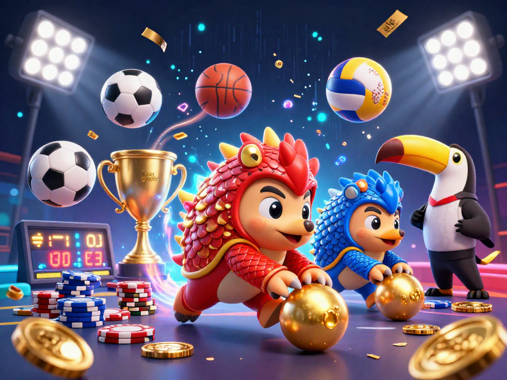 Engage with slot gacor through a vibrant scene of pangolins competing amid golden coins and sports elements.