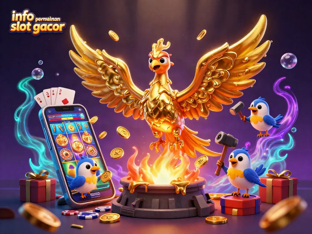 Menangkan informasi permainan slot gacor dengan ilustrasi 3D phoenix emas dan elemen kasino menarik.