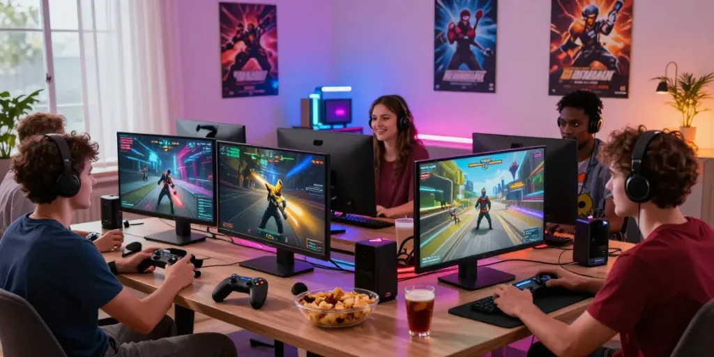 Dynamic gaming night with friends enjoying akunjp gaming on screen, vibrant LED lights.