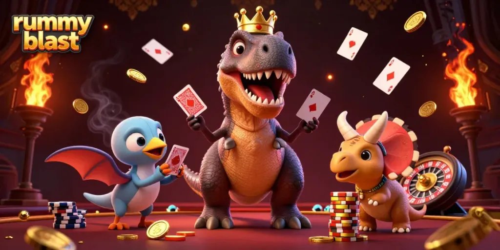 Engage in the thrilling rummy blast experience with T-Rex and friends shuffling cards and stacking chips.