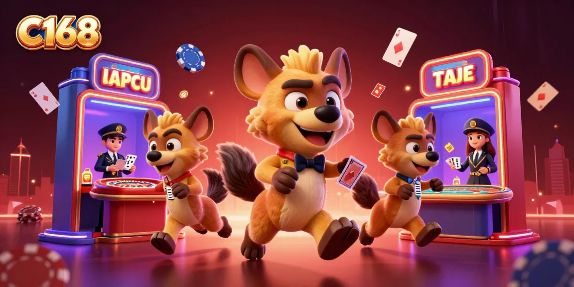 A lively 3D cartoon scene at C168 casino featuring hyenas as croupier, dealer, and security in action.