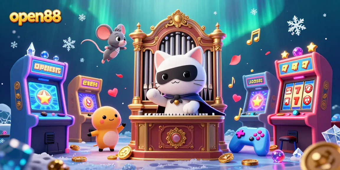 Engage with open88 through a vibrant casino-themed illustration featuring unique characters and game elements.