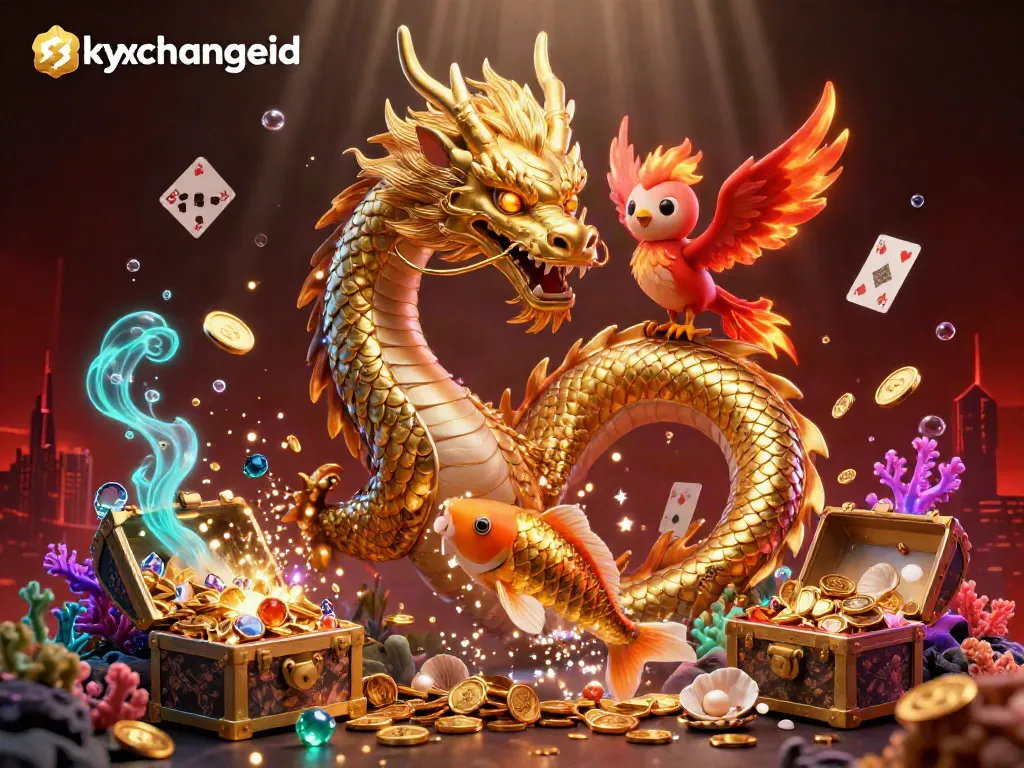 Experience thrilling bets with the skyxchangeid platform as golden dragon and phoenix soar amidst cascading coins.