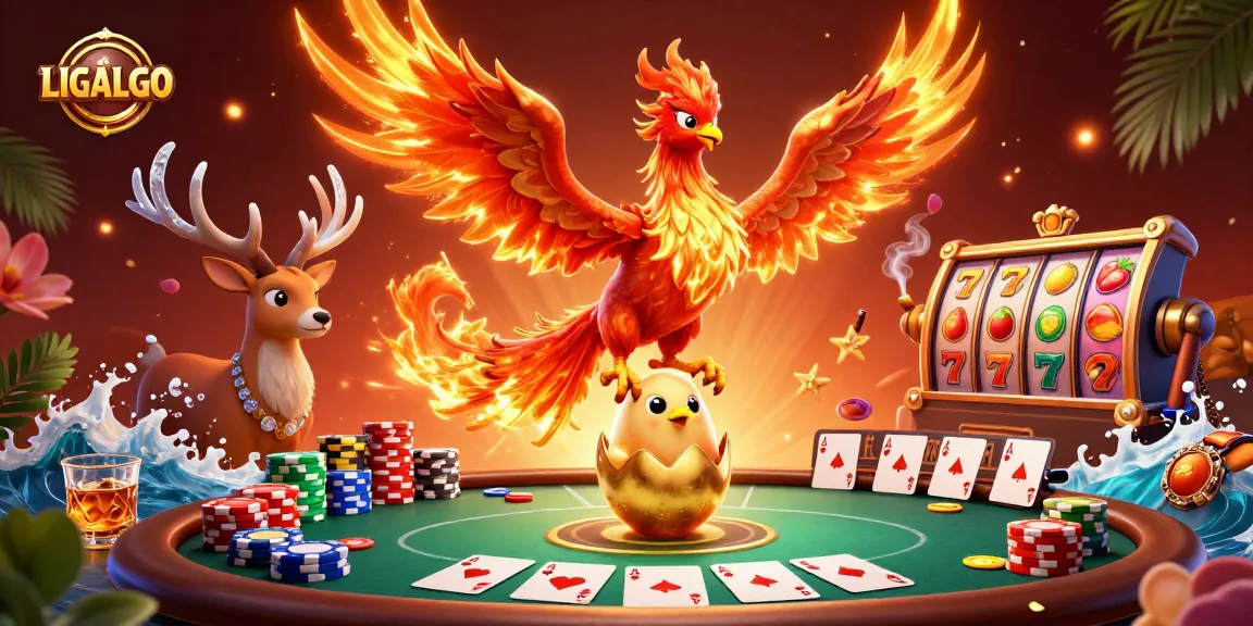 LIGALGO showcases exhilarating gaming scenes with vibrant slot reels, a phoenix, and poker elements.