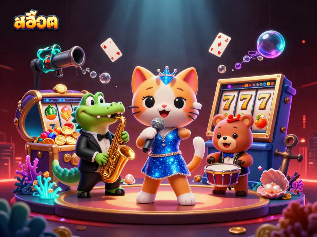 Engaging illustration featuring a jazzy casino scene with slots and a saxophone-playing crocodile, showcasing สล็อต.