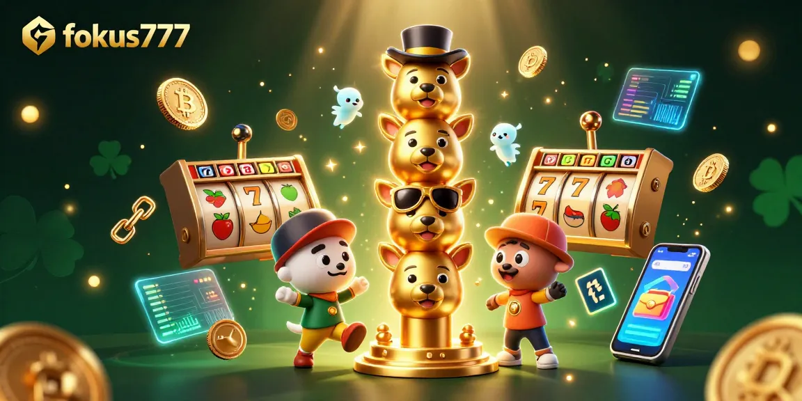 Experience the excitement of fokus777 with vibrant casino scenes showcasing slot reels and crypto elements.