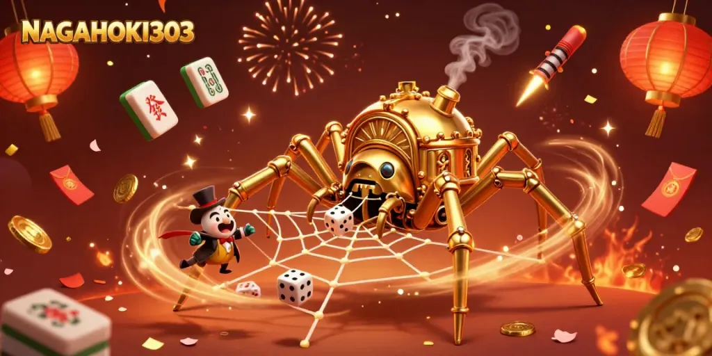 Gambarkan momen bermain di NAGAHOKI303 dengan laba-laba emas steampunk dan simbol permainan meriah.