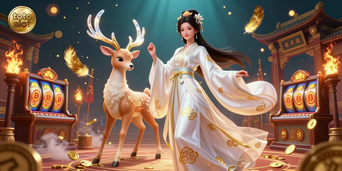 Engage with the vibrant toto slot scene featuring a floating Asian woman in a hanfu betwixt gold coins and slot reels.