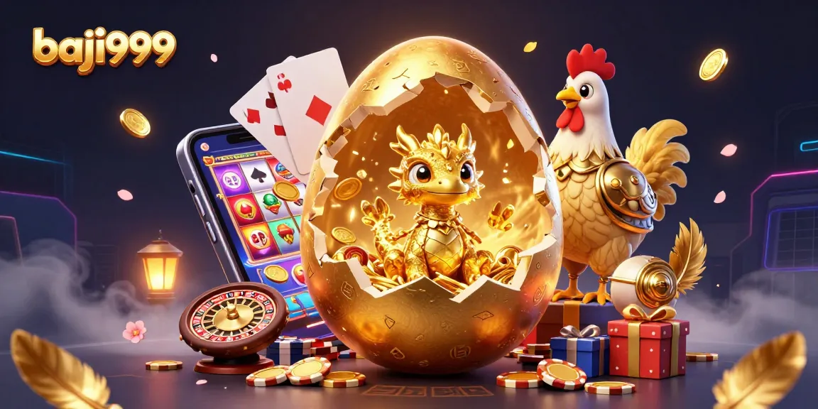 Play vibrant slot games at baji999 with a golden dragon and poker chips illustration