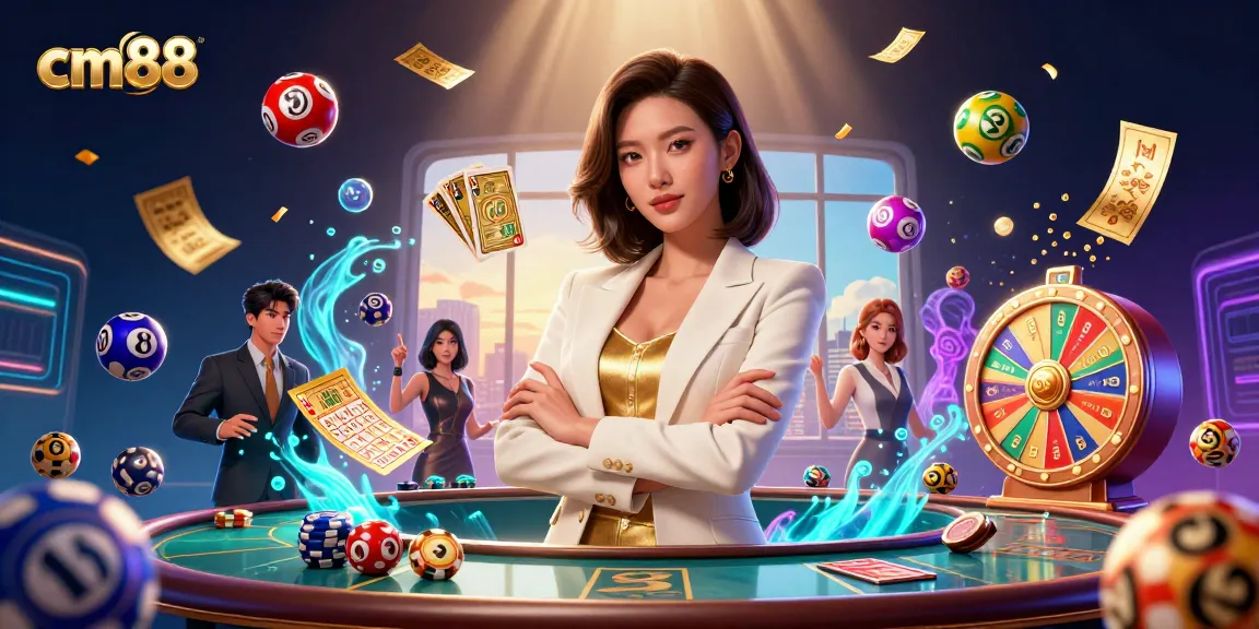Play exciting games at cm88 featuring vibrant scenes of card games and lottery elements.