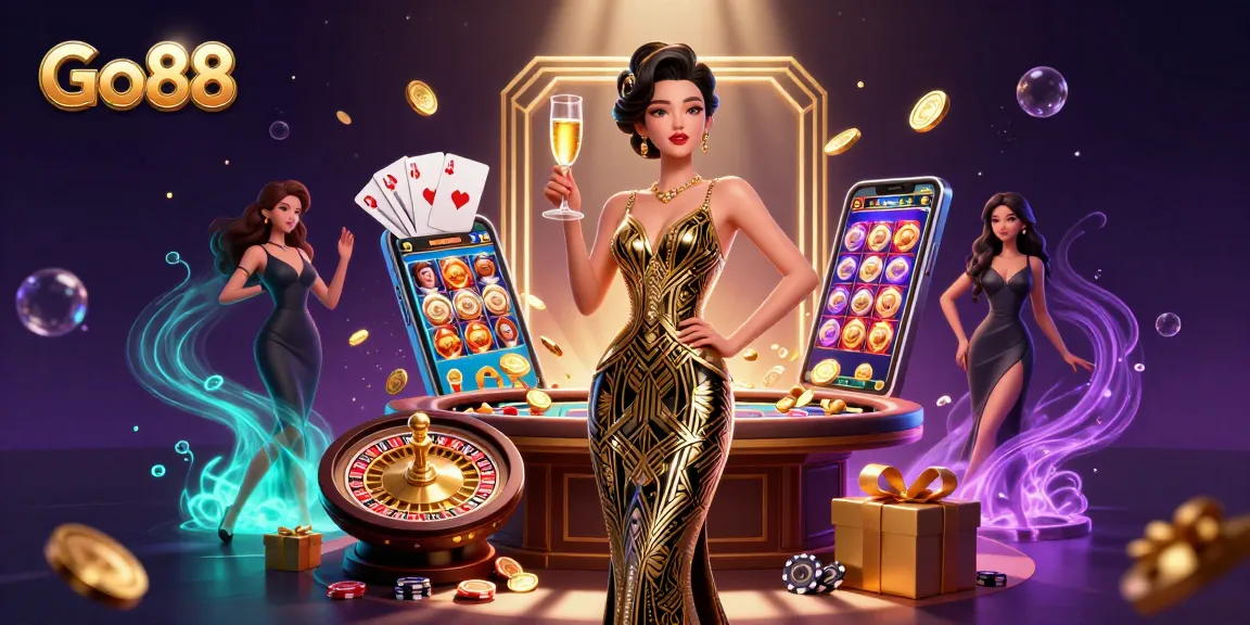 Experience the excitement of Go88 with an elegant illustration of casino glamour and gaming action.