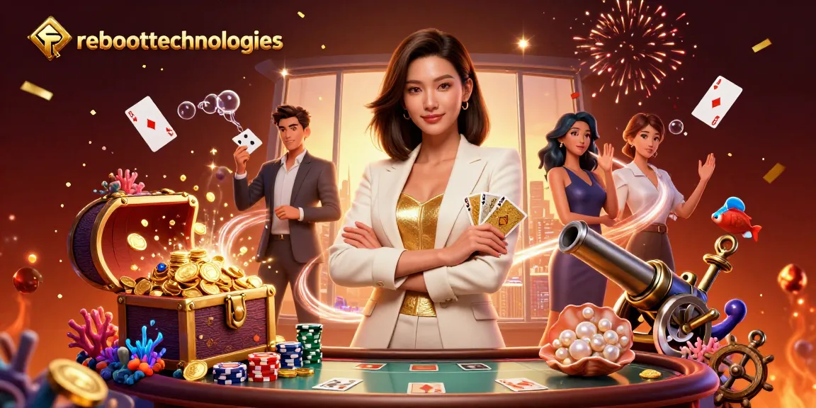 Experience the elegance of reboottechnologies as a powerful businesswoman engages in poker, surrounded by celebratory elements.