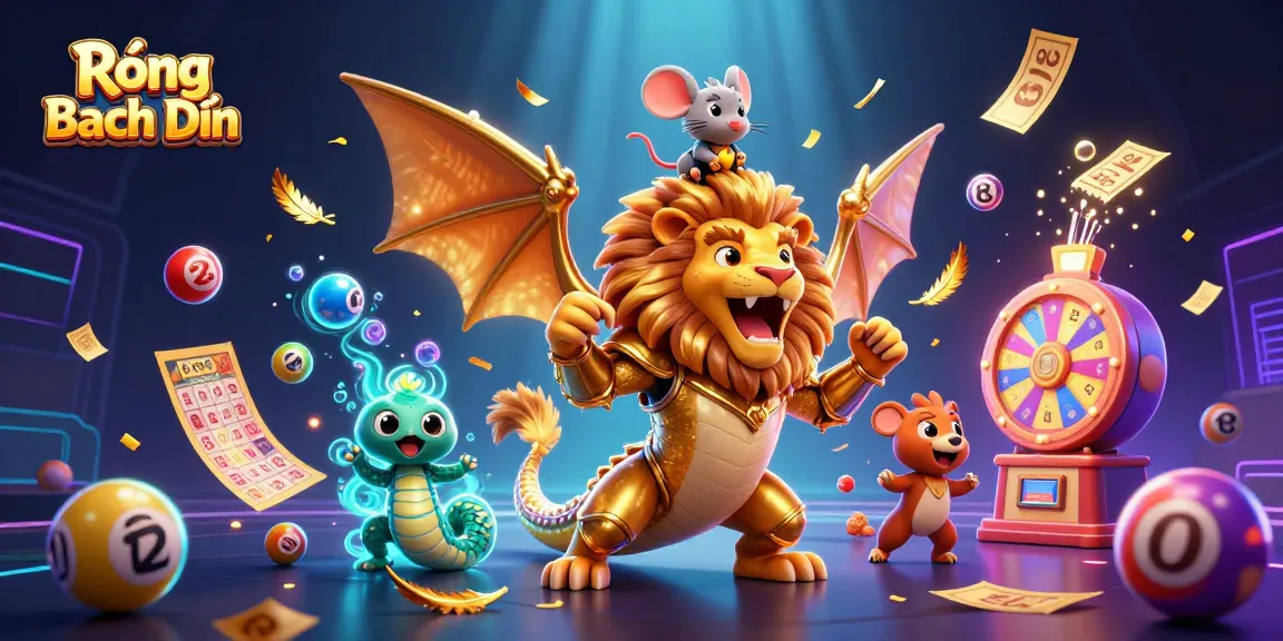 Engaging lottery scene featuring Rồng Bạch Kim, a chimera creature amidst colorful bouncing balls and sparkling visuals.