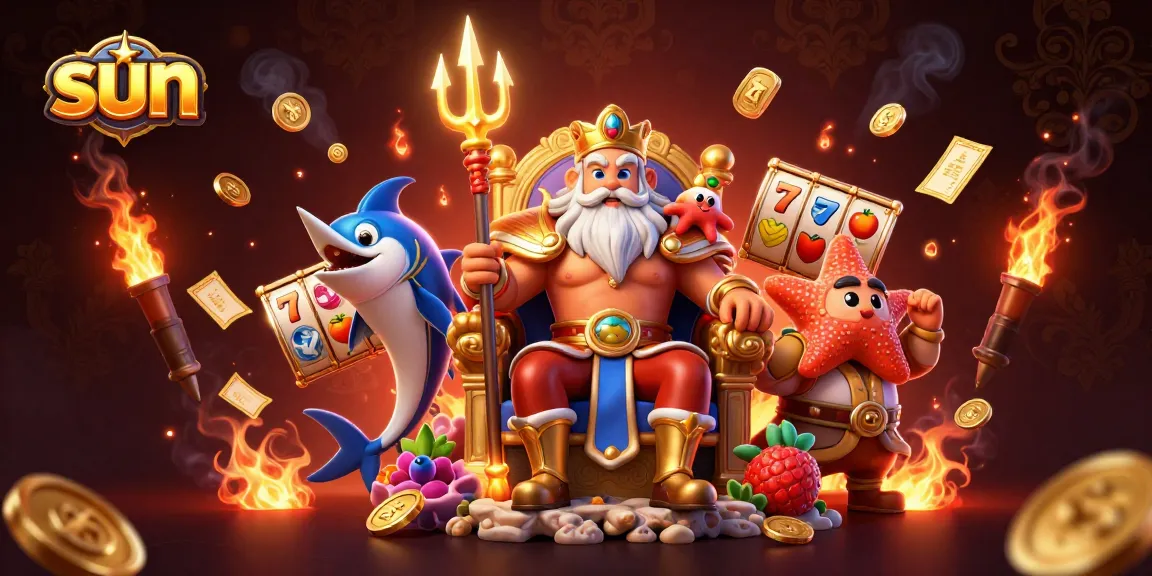 Experience thrilling casino action with sun-inspired characters and slot elements.