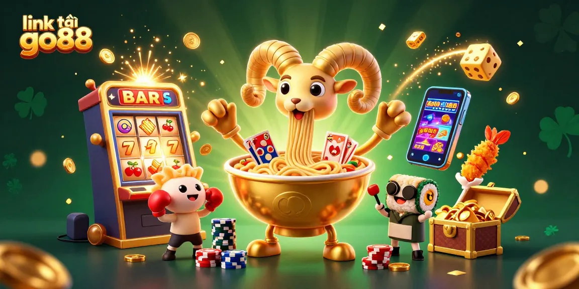 Experience the thrilling link tải go88 with a vibrant 3D illustration of a golden ramen bowl amidst a casino explosion.