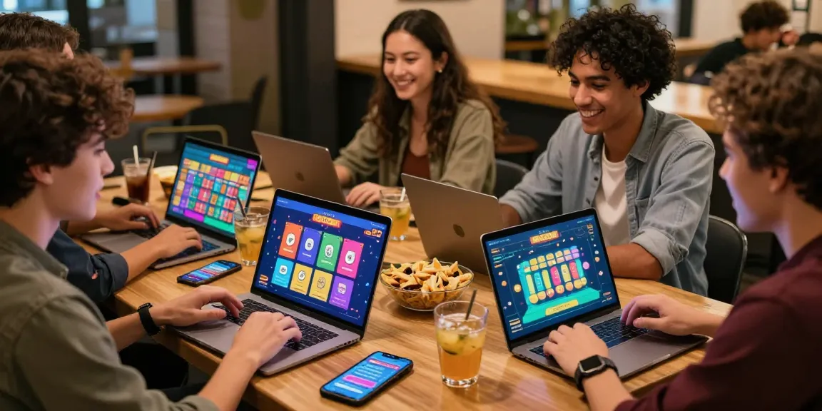 Friends enjoying JaiClub gaming app on their devices in a vibrant café setting.