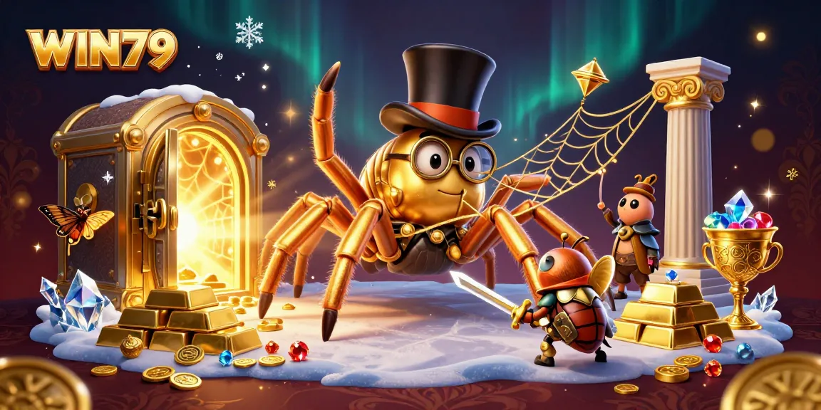 WIN79 offers an immersive gaming experience with a golden tarantula and beetle knight in action.
