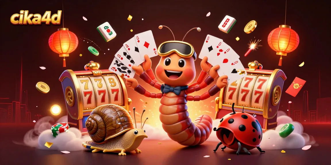 Experience the thrill of winning with cika4d as cartoon characters play vibrant slot games in a lively casino scene.