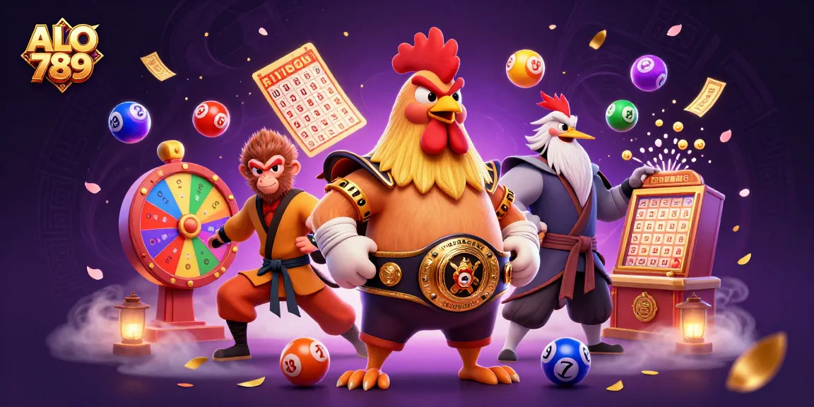 Experience the thrill of ALO 789 with a dynamic scene showcasing a Muay Thai rooster, Shaolin monkey, and crane master amidst vibrant gambling elements.