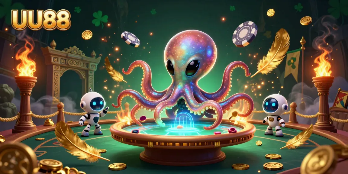 Play exciting poker at UU88 with our alien octopus in a holographic scene surrounded by vibrant casino elements.