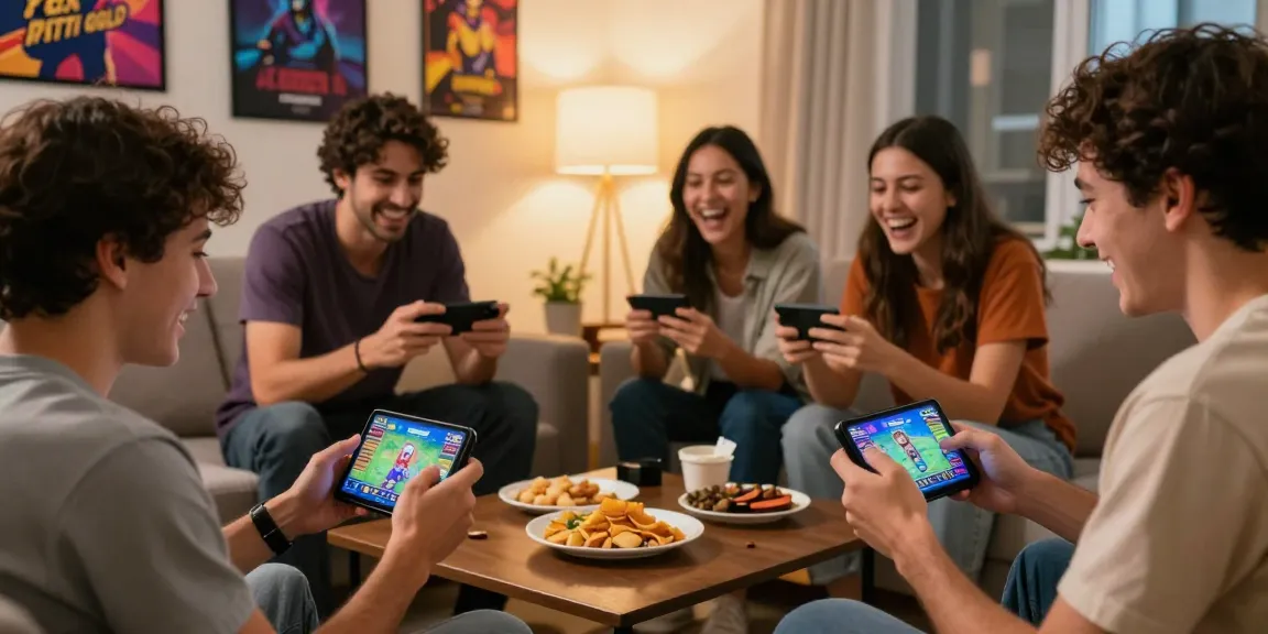 Engaged friends playing Teen Patti Gold APK on mobile devices, sharing laughs and excitement while gaming together.