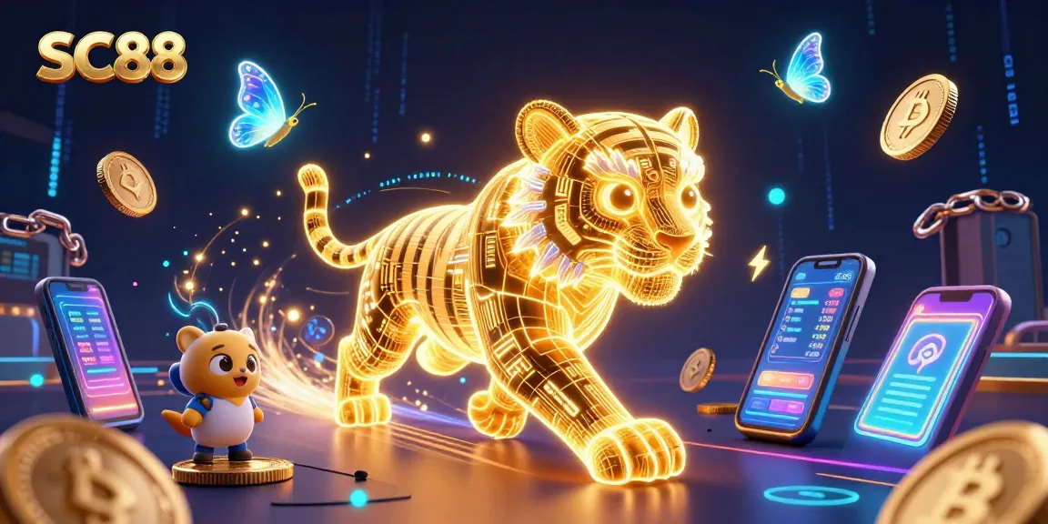Engage in thrilling SC88 gameplay with a neon-wireframe golden tiger amidst a vibrant digital casino.