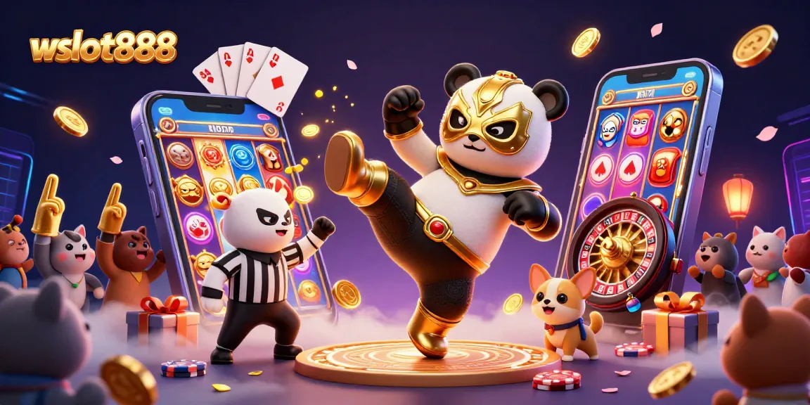 Slot gacor wslot888 menampilkan panda bergulat, chihuahua wasit, dengan penonton heboh di latar kasino.