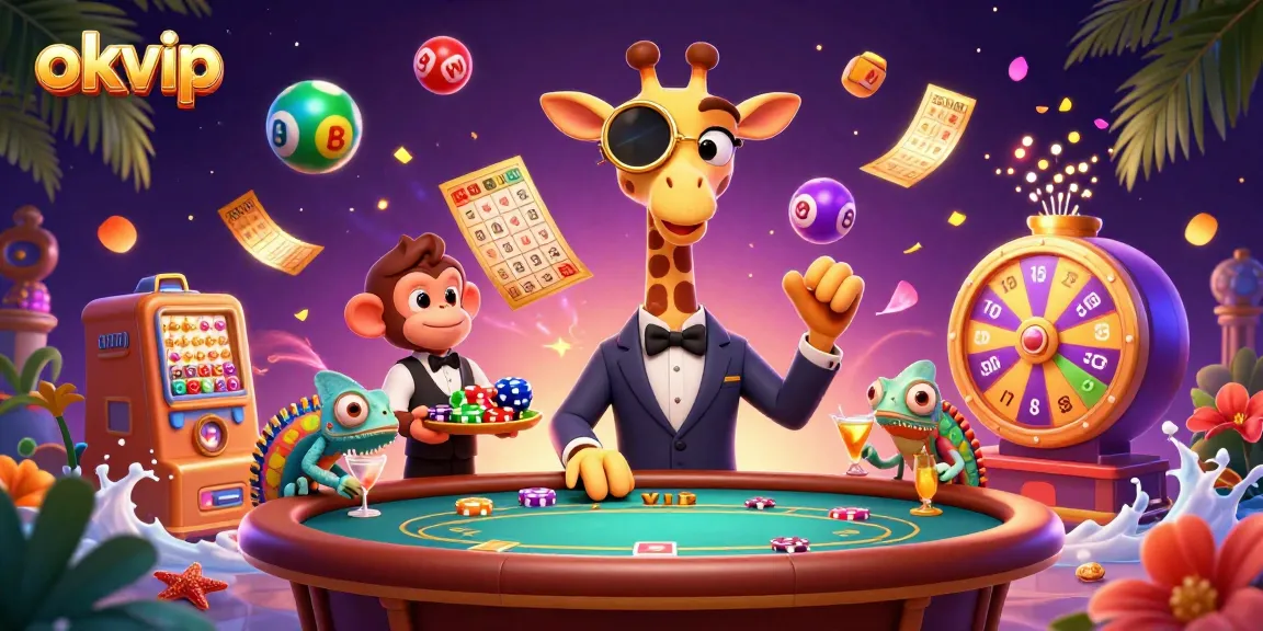 Experience high-stakes gaming with okvip's vibrant casino scene featuring a giraffe in a suit and colorful lottery elements.