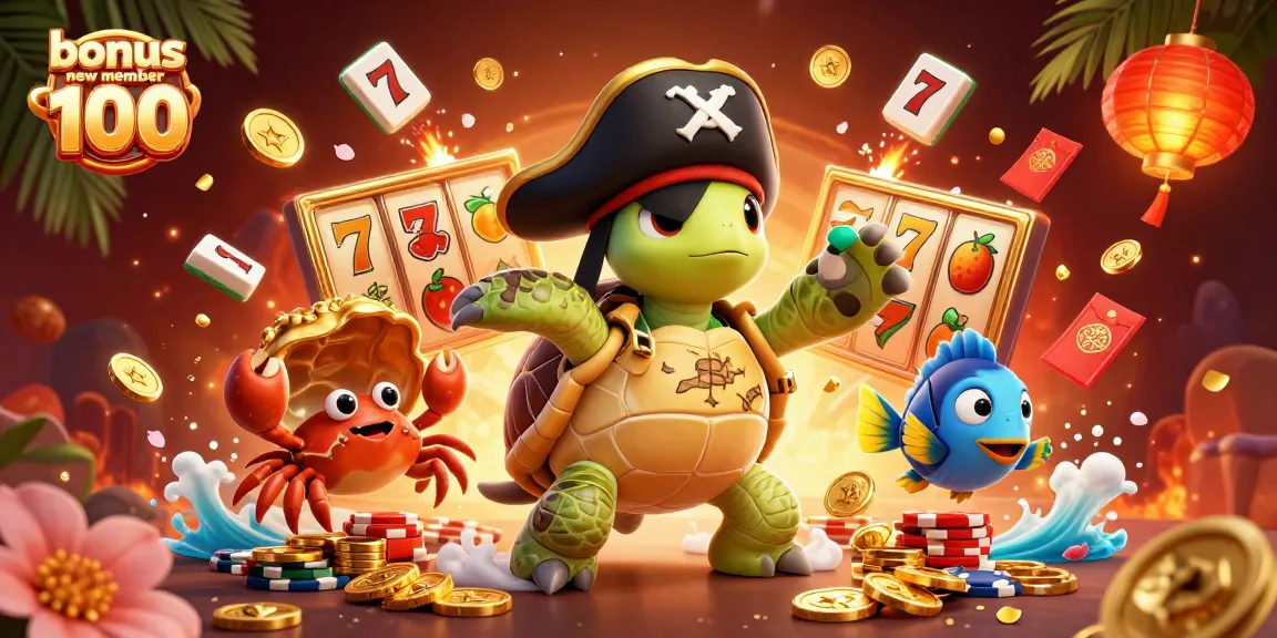 Experience big wins with bonus new member 100 in this vibrant casino scene filled with characters and treasures.