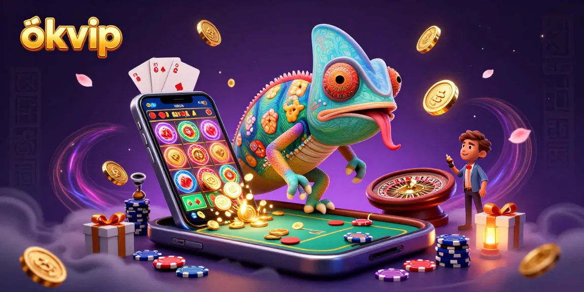 Experience the vibrant world of okvip with a chameleon casino owner at the center of a bustling gambling scene.