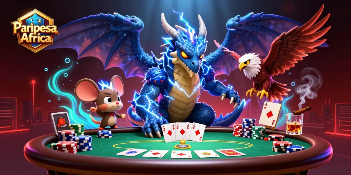 Paripesa Africa propose des paris sportifs dynamiques avec une illustration captivante de dragon, faucon et souris.