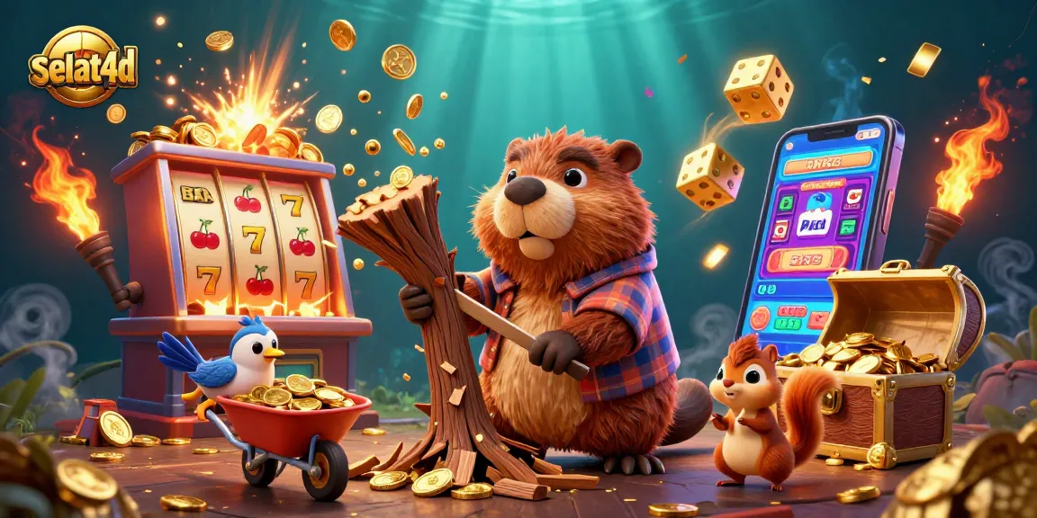 Experience thrilling gameplay with selat4d as the beaver chops gold coin trees in a vibrant casino scene.
