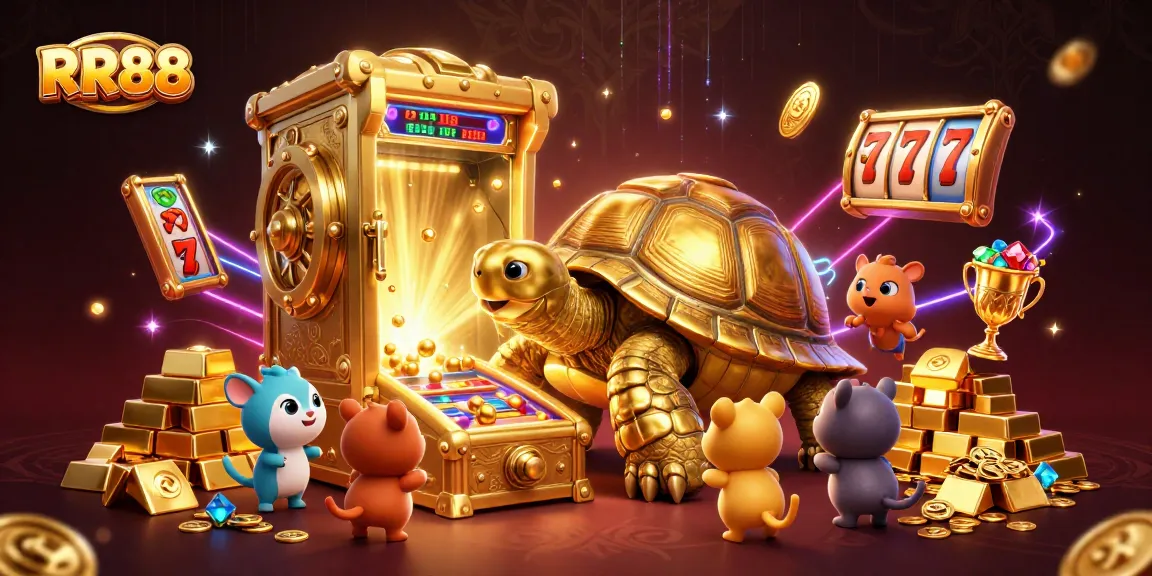 Experience the excitement of RR88 with a vibrant 3D casino scene full of dynamic slot reels and treasures.