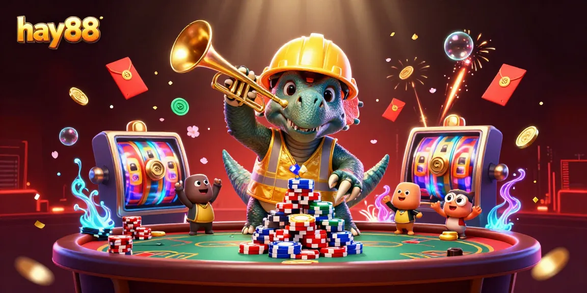 Engage with hay88's thrilling poker experience as cartoon characters celebrate around vibrant casino elements.
