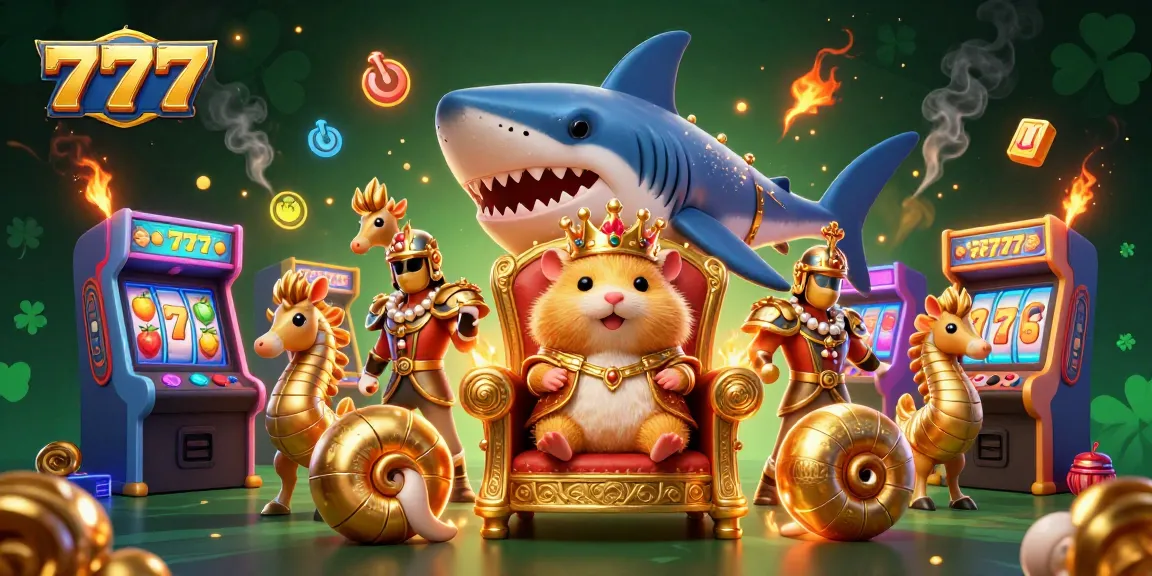 Engage with the 777 themed casino illustration featuring a fierce hamster king surrounded by vibrant game elements.