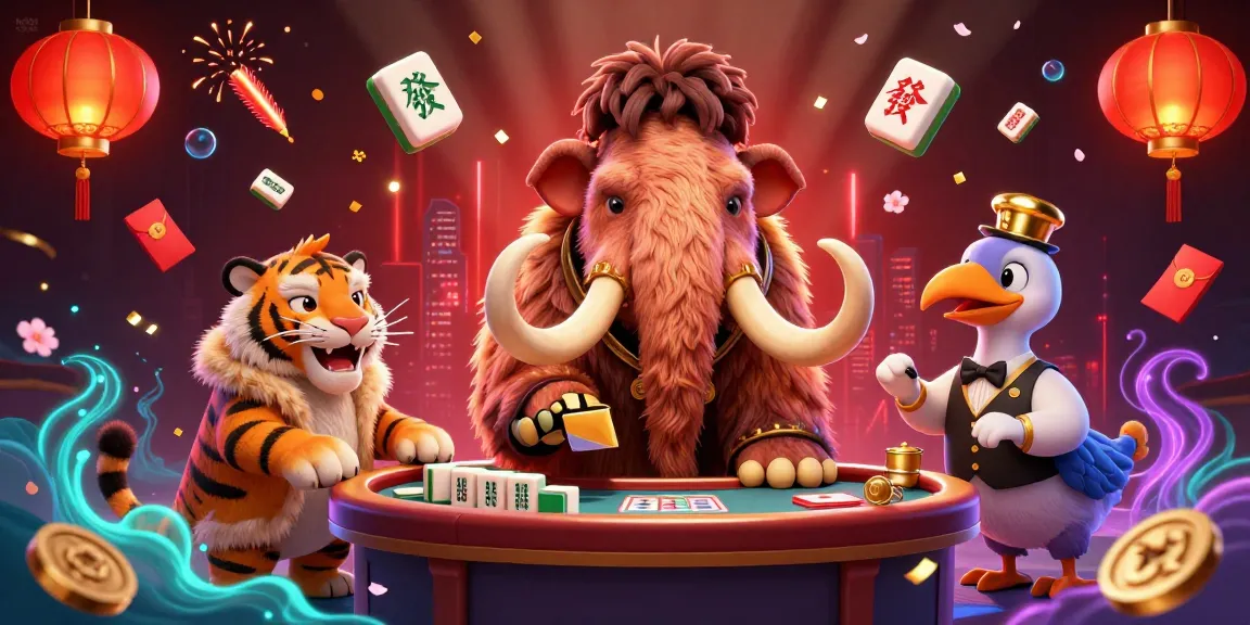 Engage with kèo nhà cái through a lively casino scene featuring a woolly mammoth bouncer, a VIP saber-tooth tiger, and festive gaming elements.
