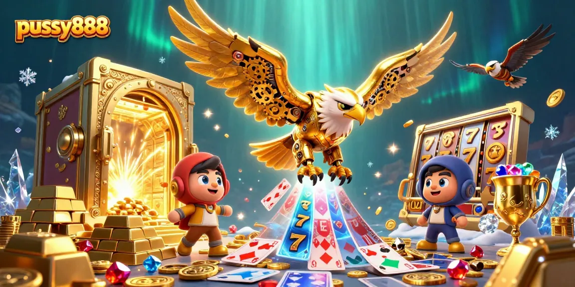 Win big with pussy888 in this vibrant 3D casino illustration featuring golden eagles, treasure, and slot reels.