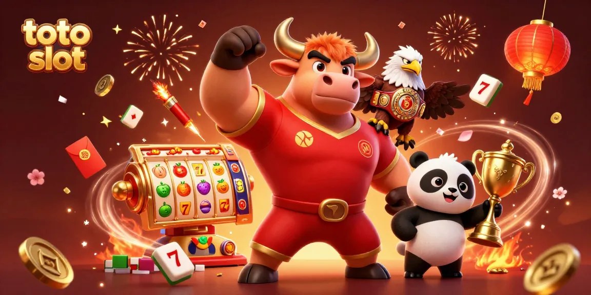 Experience thrilling toto slot action in a vibrant 3D scene featuring a strong bull mascot and lucky symbols.