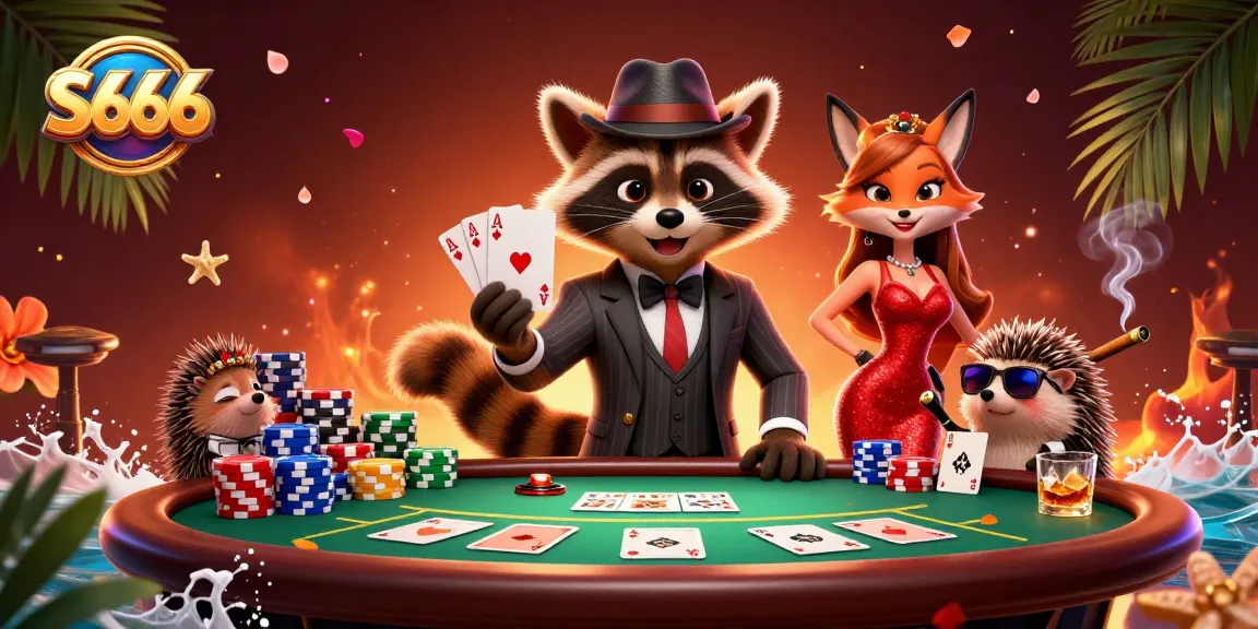S666 casino scene featuring a suave raccoon, elegant fox, and bouncer at poker table with rich details
