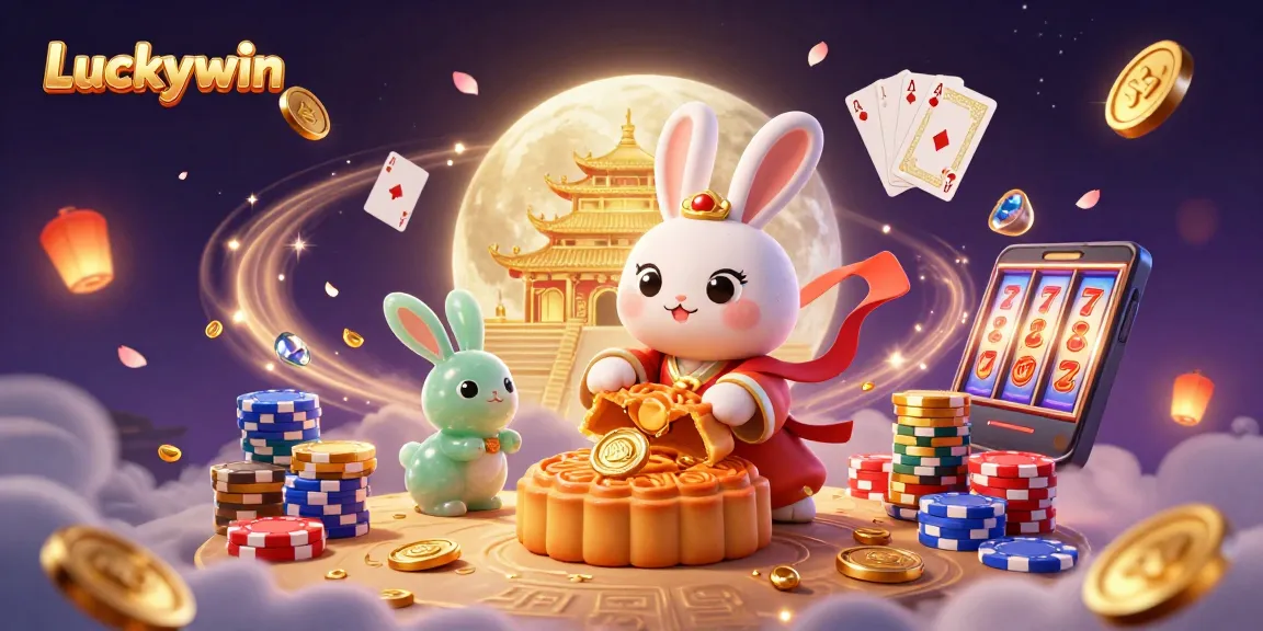 Experience the thrill of Luckywin with moon rabbits and casino treasures in a vibrant fantasy scene.