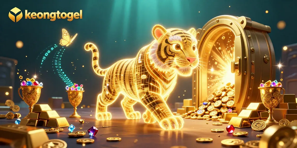 Engage with keongtogel's vibrant casino universe led by a neon golden tiger amidst treasures.